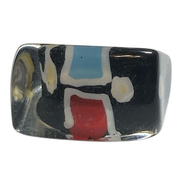 Vintage Acrylic Lucite Cocktail Ring Size 6 6.5 Black White Geometric Hand Made - Picture 2 of 8